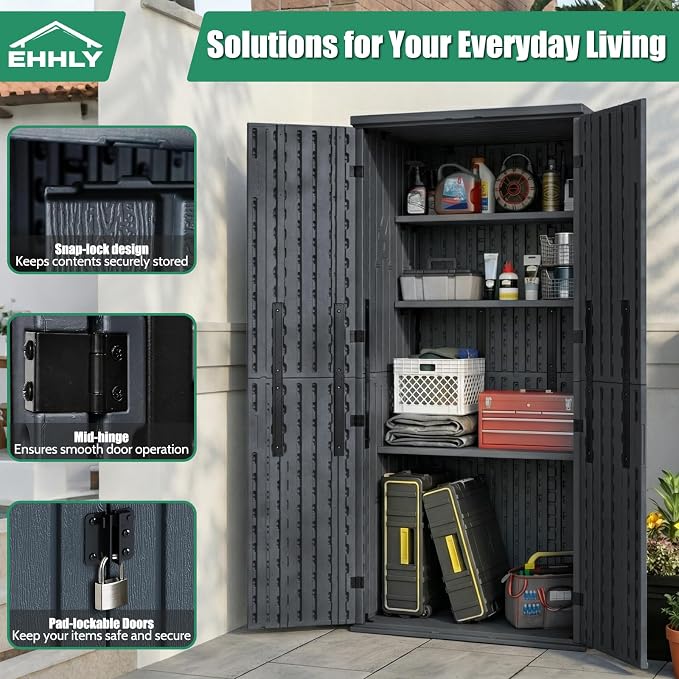 EHHLY Heavy Duty Tall Storage Cabinet Outdoor Weatherproof, 28 Cuft Garage Storage Cabinet with 4 Adjustable Shelves, Lockable Kitchen Pantry Closer Organizer, 31Wx23Lx66H, Sage Grey