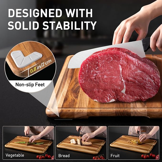 4 Pack Teak Wood Cutting Board Set for Kitchen Heavy Duty Non Toxic Non Slip Solid Thick Wood Haus Chopping Board Extra Large Big Small Meat Best Essential House Warming Hostess Host Gift