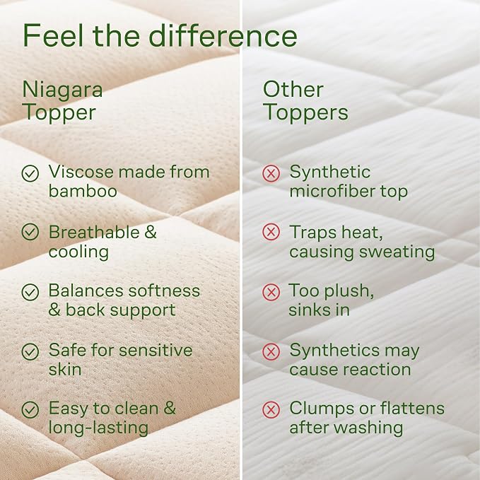 Niagara Sleep Solution Ultra Soft Queen Size Mattress Topper - Rayon Derived from Bamboo Pillow Top Mattress Pad for Back Pain Relief - Naturally Cooling for Hot Sleepers, Beige