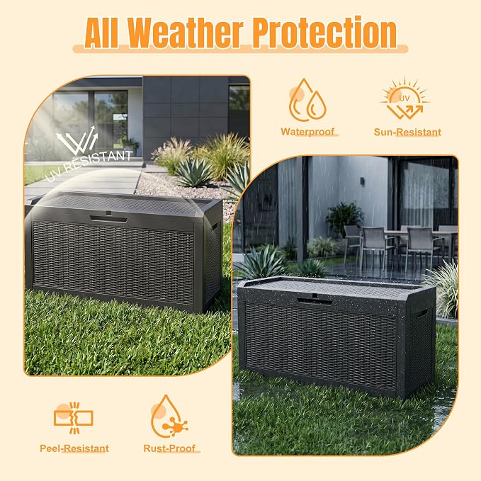 Outdoor Storage Box,120 Gallon Waterproof Resin Patio Deck Box | UV Resistant Lockable Package Delivery Bin, Toy Cabinet, Shoe & Garden Tools Storage, Ottoman, Indoor/Outdoor