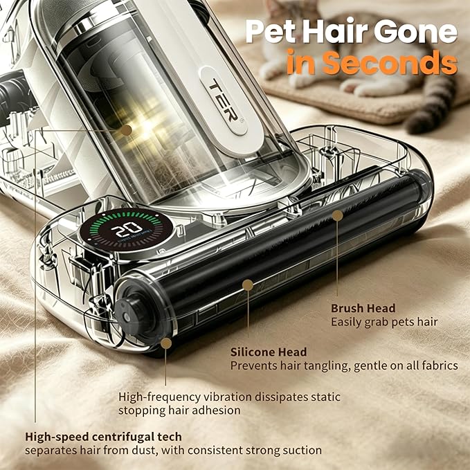 TER Bed Vacuum Cleaner, Smart Dust Sensor, HEPA Filter, 16Kpa Strong Suction & 35000 RPM Tapping, 131°F Heat, 5-in-1 Deep Cleaning Mattress Vacuum Cleaner UV for Bed/Couch/Pet Hair (Corded)