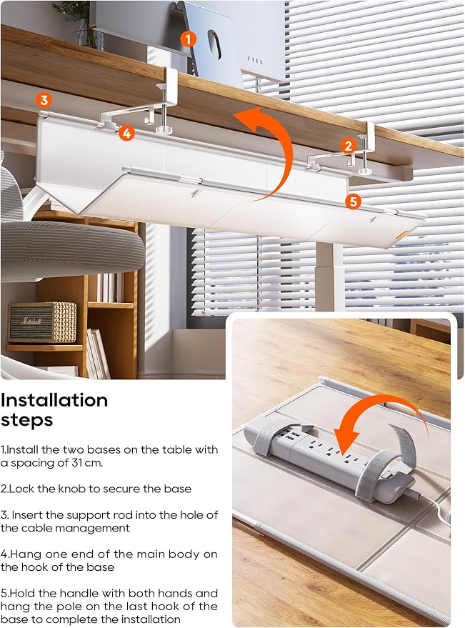 39" No Drill Under Desk Cable Management Tray (White) | Fire-Resistant Thickened Nylon Material, Clip-on Cord Organizer to Hide Power Strip, Heat Dissipation Mesh Design, for Office