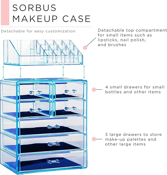Sorbus Acrylic Makeup Organizer Set, 7-Drawer Vanity & Countertop Cosmetic Storage with Small & Wide Compartments, Blue Brilliance Makeup Storage for Brushes, Jewelry – Holiday Gift for Women & Teens
