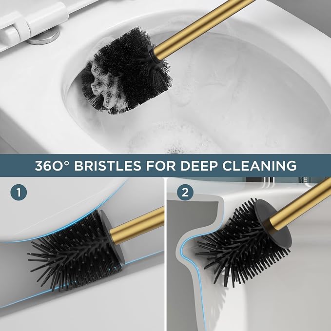 FORIOUS Short Toilet Brush and Holder Set, Heavy Duty 304 Stainless Steel Base Square and Long Handle for Bathroom Deep Cleaning, Drip-Proof, Space Saving for Storage, 2 Toilet Bowl Brush Head, Gold