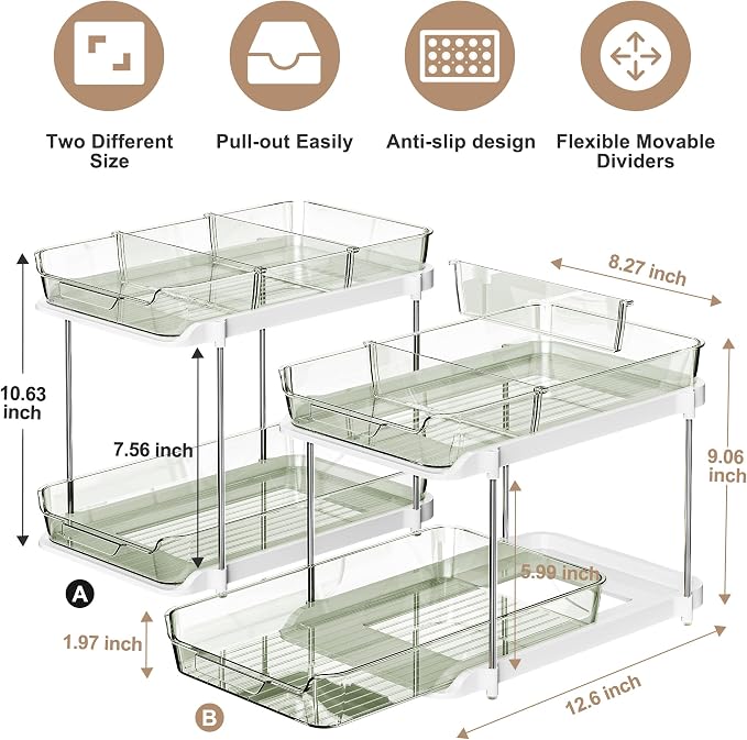 Delamu 2-Tier Multi-Purpose Bathroom Under Sink Organizers and Storage, Stackable Kitchen Pantry Organization, Pull Out Medicine Cabinet Organizer with Movable Dividers, Light Green, 2 Pack