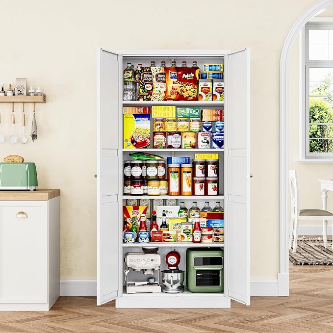 White Storage Cabinet with Adjustable Shelves-Metal Home Kitchen Pantry Cabinets with Doors,Organization Locker for Cupboard/Bedroom/Dining/Living/Bathroom/Office/Garage Room