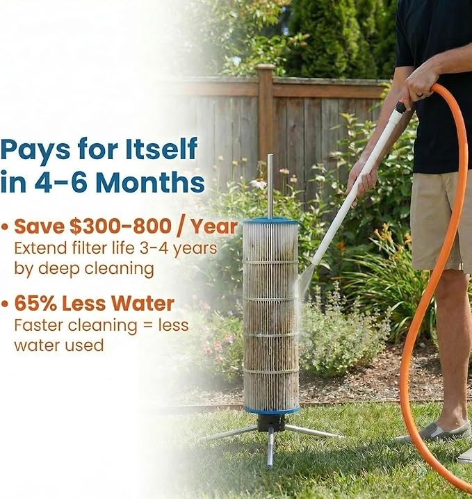 CYCLONE FILTER CLEANER – Patented Hose-Powered Spinning Pool Cartridge Filter Cleaning Tool with Stand & Spray Wand – Cleans 5X Faster – Fits 3”, 4”, 6” ID Filters