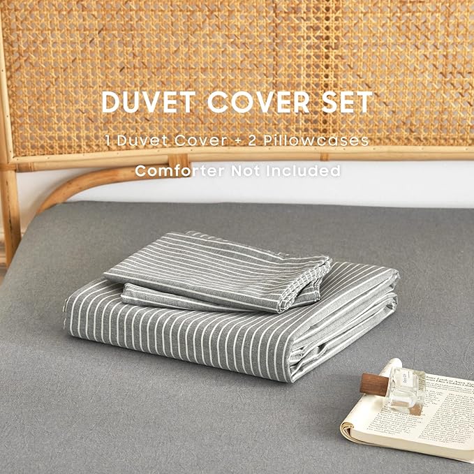 Wake In Cloud - Striped Cotton Duvet Cover Set, 100% Washed Cotton Textured Bedding Set, Ticking Stripe Pinstripe Farmhouse, 3 Pieces, Grey, Queen Size