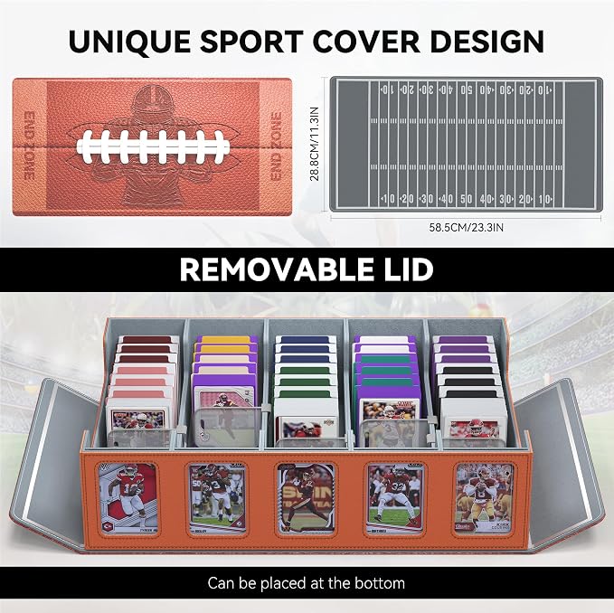 Kabinka Football Card Storage Box with Window Display, 5-Row Sport Card Storage Box, 3900+ Card Deck Box for Football Sports Card TCG, 5 Top Loaders, 5 Stoppers, 48 Dividers, 1 Dice Tray(Football 1)