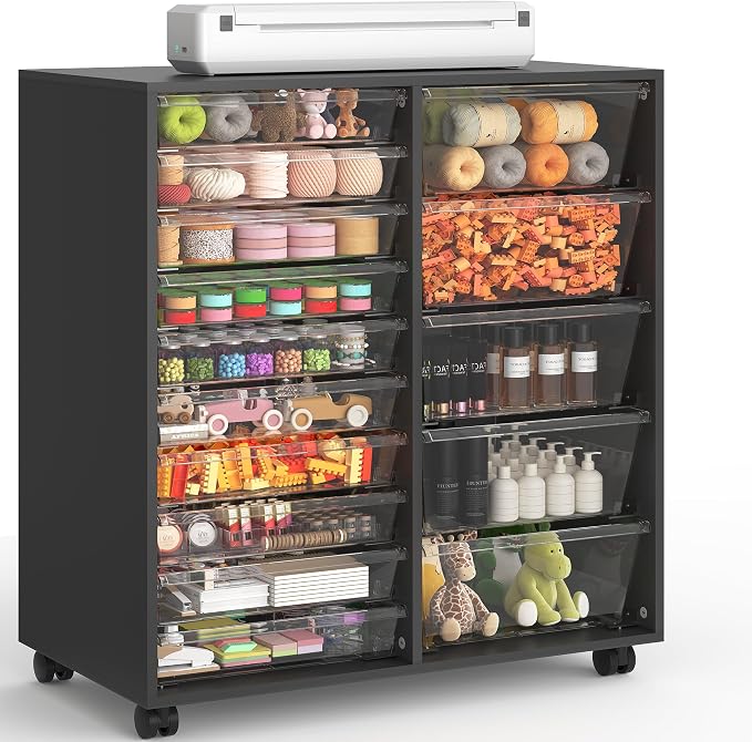 WOPITUES Mobile Storage Cabinet with 15 Clear Drawers, Craft Cabinet with 5 Large Drawers, Cart with Wooden Tabletop, Printer Stand Home Office, Dresser Chest, Modern Black