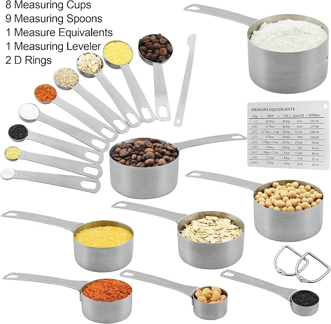 Measuring Cups and Spoons Set, 18/8 Stainless Steel 8 Measuring Cups and 9 Measuring Spoons with Leveler and Measurement Enquivalents, Kitchen and Baking Measure Cups Spoons Set of 19
