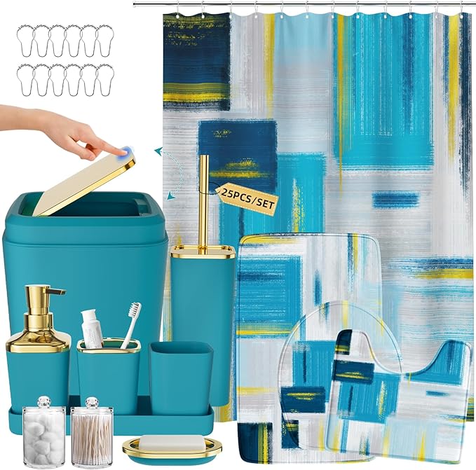 XLHOMO Bathroom Accessories Set - 25PC Bathroom Set with Shower Curtain and Rugs, Teal Blue Bathroom Set, Bathroom Accessory Set with Press-on Lid Trash Can, Soap Dispenser and Qtip Holders