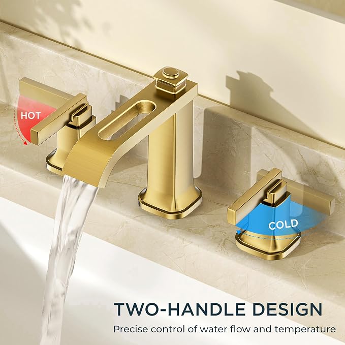 FORIOUS 3 Hole Gold Sink Bathroom Faucet for Vanity with Metal Pop Up Drain, 8 Inch Widespread Bathroom Faucets 2-Handle, Elegant Mordern Waterfall Design