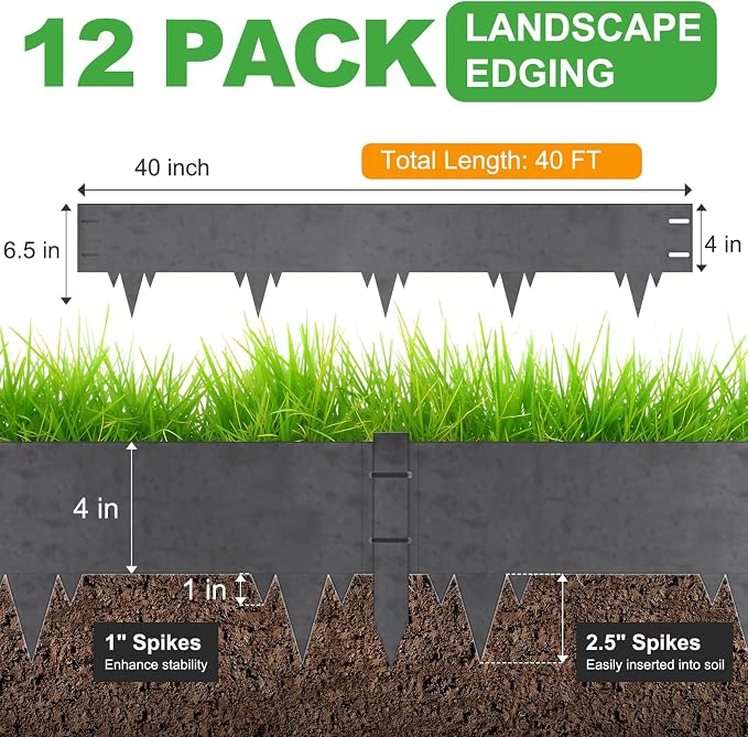 40FT Metal Landscape Edging 12-Pack, 6.5"H Corten Steel Lawn Edging | 12 Stakes, 100-year Service Life, Hammer-in Garden Edging Border, Flexible DIY, for Lawn, Flower Bed, Tree Ring, Pathway