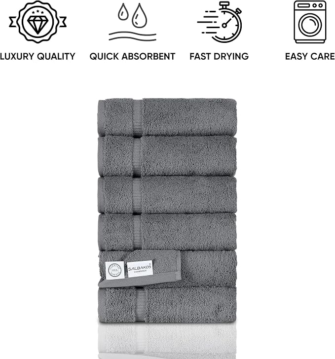 SALBAKOS 6-Piece 100% Turkish Cotton Hand Towels, 16x30 inch, Gray | Large Size Thick Super Soft Highly Absorbent, Versatile Hair Face & Hand Drying Towel, Premium Hotel Quality Made in Turkey