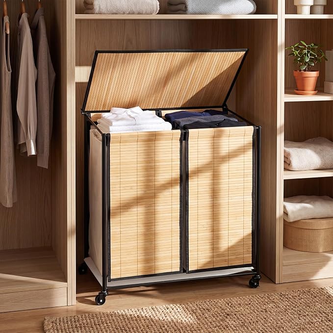 GOFLAME Bamboo Laundry hamper with Lid, 2-Section Rolling Laundry Basket with Removable Liners and Wheels, 70L Large Clothes Laundry Hamper for Bedroom, Bathroom, Laundry Room
