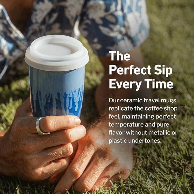 NOVA CERAMICS Ceramic Tumbler– Blue Ceramic Mug – Microwave & Dishwasher Safe Coffee White & Orange Tumbler - Leak-Proof Coffee Travel Mug – 12oz – Neptune