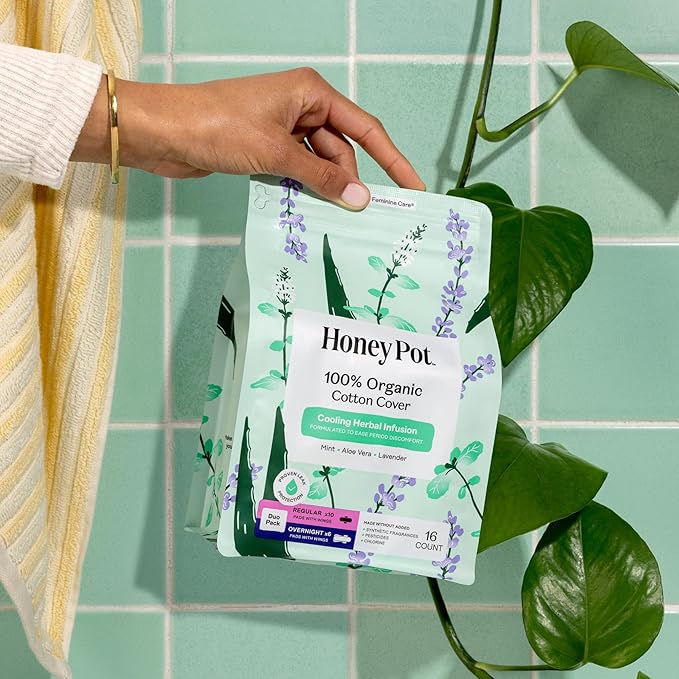 Honey Pot - Herbal Sanitary Pads for Women - Regular & Overnight Flow w/Wings - Infused w/Essential Oils for Cooling Effect & Organic Cotton Cover – Medium Pack - Feminine Care - 16 ct