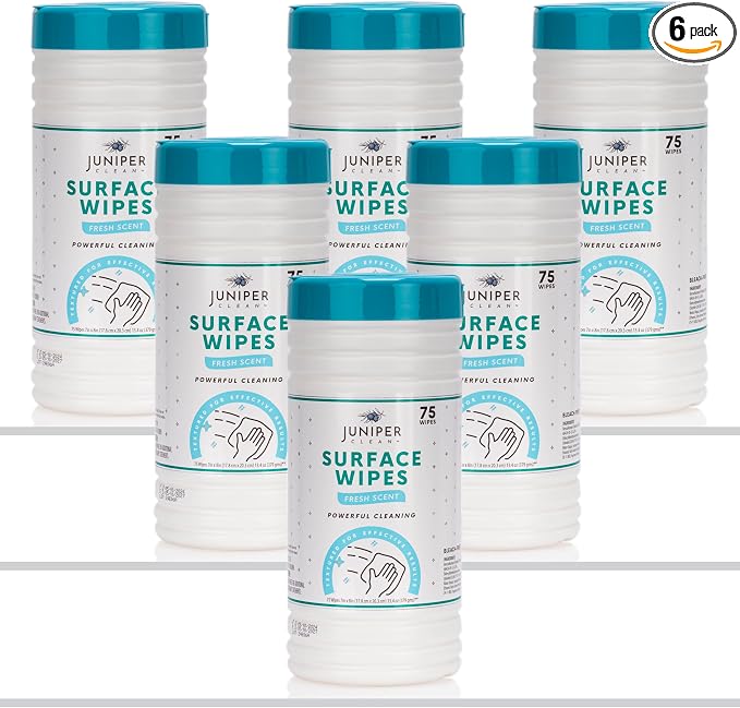 Juniper CLEAN 6 Pack Surface Cleaning Wipes Bleach Free, All-Purpose Cleaner for Bathroom, Kitchen, Office, 450 Count Canister, 7.5" x 7" Sheet, Fresh Scent, Lint Free & Durable