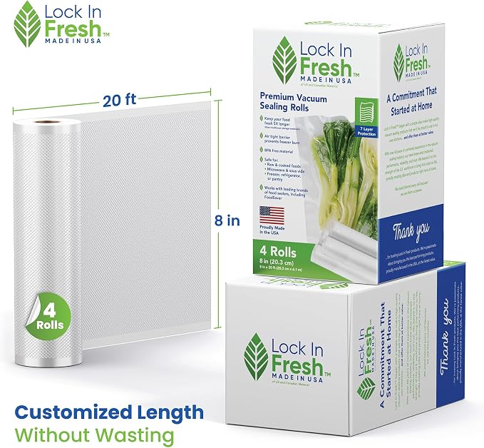 Vacuum Sealer Bags for Food - Heavy Duty Food Saver Vacuum Sealer Bag Rolls - Sous Vide, Seal a Meal Bags, 4-pack, 8" x 20' - Made in the USA