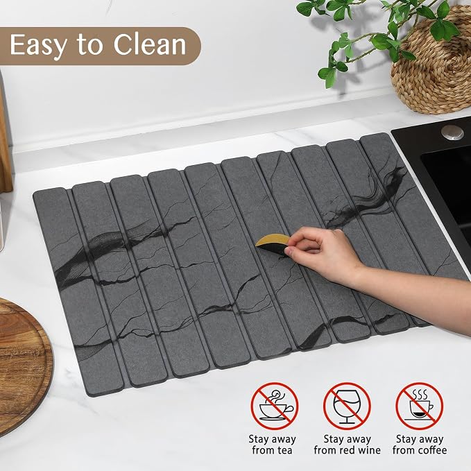 Large Stone Dish Drying Mat for Kitchen Counter, Thin & Light Quick Dry Stone Dishes Mats, Foldable Water Absorbing Diatomite Drying Pad for Kitchen Bathroom Sink Countertop (Gray Ink 24"×16" & 8"x4")