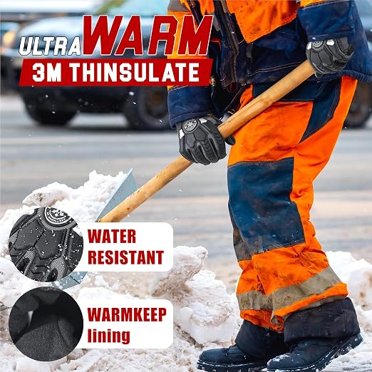 HANDLANDY Winter Water Resistant Work Gloves for Men, Insulated Heavy Duty Impact Glove for Cold Weather (Black-insulated, 2X-Large)