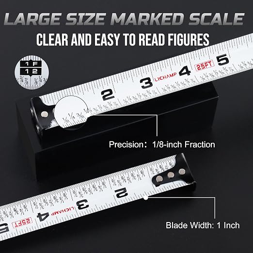Lichamp 6 Pack Tape Measure 25 ft Magnetic, 1-Inch Wide Measuring Tape | Easy-read fractional markings, heavy-duty, retractable, for construction and DIY