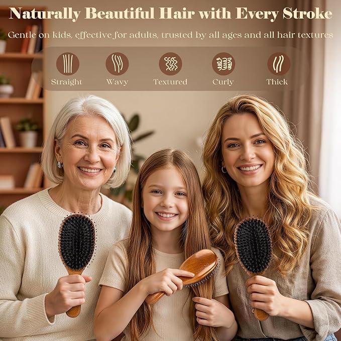 Boar Bristle Hair Brush Since 1965 British Craftsmanship Handmade | Natural Wood Slick Back Hairbrush, Gentle Detangling Women Men Kids Curly Thick Fine Frizzy Hair, Smoothing Styling Brush