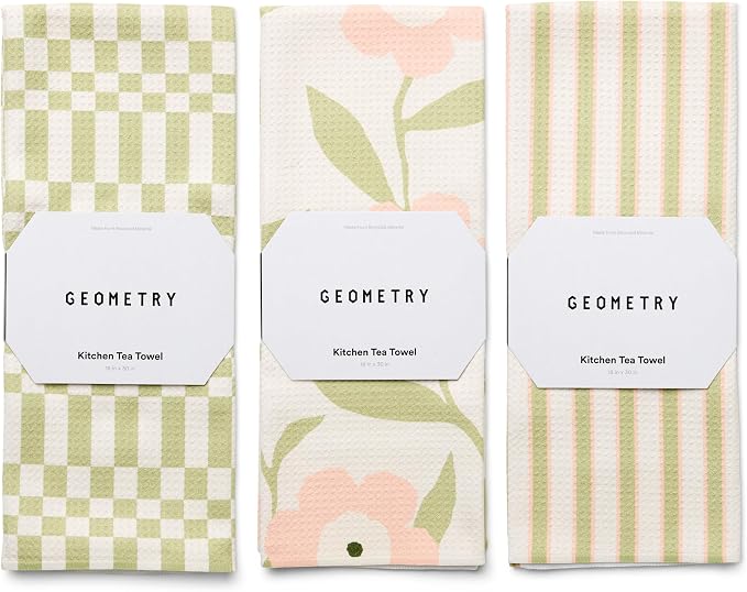 GEOMETRY Tea Towels – Spring & Summer Collection – Quick-Dry, Ultra-Absorbent, Reusable Microfiber Kitchen Towels for Drying & Cleaning - Meadowlight - 3 Pack