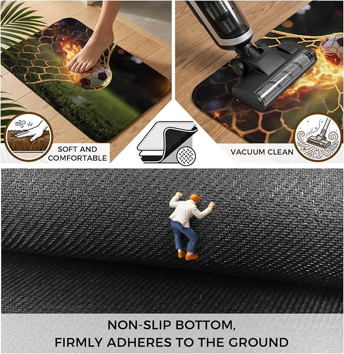 Flaming Soccer Bathroom Rugs Non Slip Washable Bath Mat Absorbent Front Door Mat Goal Net Powerful Fire Orange Grass Green Indoor Doormat for Kitchen Entryway Shower Decor Accessories 19.7"x31.5"