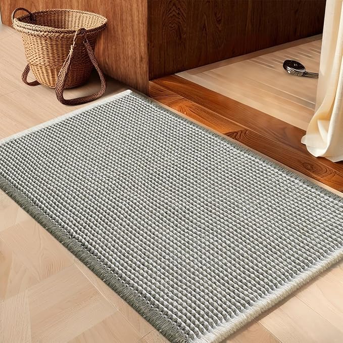 IM HOME Waffle Bath Mat Green & Cream 32"x20", Boho Woven Modern Bath Mat Rugs, Absorbent Non Slip Bathroom Rugs, Soft Washable Bath Rugs with Tassels for Bedroom, Kitchen, Shower, Tub