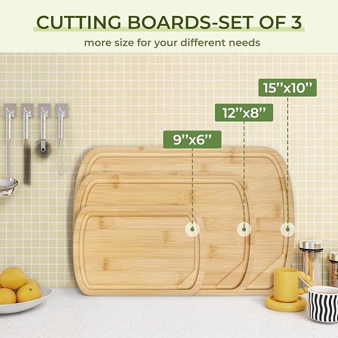Marsmiles Bamboo Cutting Board, Durable Wood Cutting Boards with Deep Juice Grooves & Back Inner Handle, Ideal Chopping for Meat, Vegetables and Fruits, Natural, Set of 3