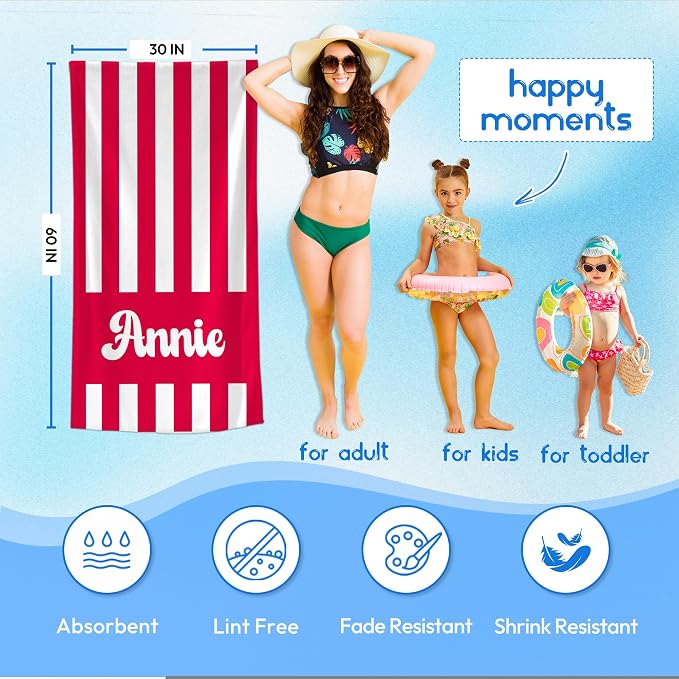 JML Personalized Beach Towel with Name, Custom Cabana Stripe Beach Towel, Customized Microfiber Pool Towel, Quick Dry & Absorbent Swim Towel for Adult,Mother's Day, Birthday, Summer Holiday,Vacation