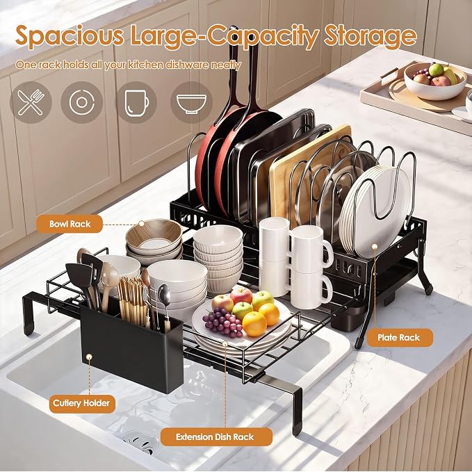 Housolution Large Expandable Dish Drying Rack for Kitchen Counter, Black | Rustproof, 9 Slots for Pan, Lid, Cutting Board, Utensil Holder, Adjustable Support Legs, Rotating Spout, Draining Tray