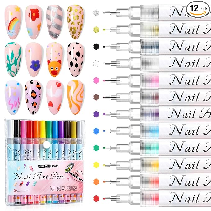 SAVILAND Nail Art Pens Set: 12 Colors 0.5MM Quick-Drying 3D Nail Polish Pens Ultra-Fine Tip Paint Markers for Precise Dotting, Liner & Detailing Design for Beginners, DIY Home Salon Manicure Supplies