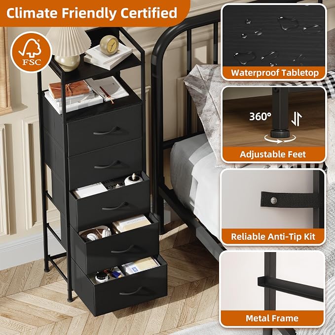 Somdot Tall Dresser for Bedroom, 5 Drawers Nightstand Vertical Storage Tower Unit, Night Stand Furniture with Fabric Drawer Organizer in Bedside Hallway, Entryway, Kids Room, Closet, Black
