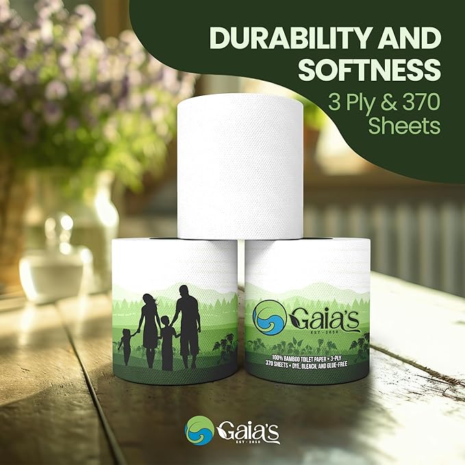 Gaias Premium and Soft Organic Bamboo Toilet Paper | 12 Mega Rolls, 3 Ply, 370 Sheets | FSC Certified, PFAS & BPA Free, Eco-Friendly, Sustainable Tissue - Plastic Free, Septic Safe, Vegan