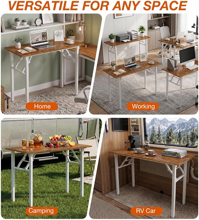 XBurmo Folding Desk Foldable Table, No Assembly 43.3" Foldable Desk Space-Saving Workstation for Small Space, Computer Table, Flat Storage for Home Office, Bedroom, Dorm, Study Room, Rustic Brown