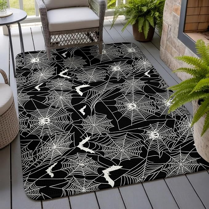 Halloween Washable Area Rugs for Living Room Bedroom, Large Non Slip Indoor Floor Carpet Absorbent Low Pile Black Scary White Bat Animal Net Geometric Door Mat Rugs for Bathroom Entryway 63"x78.7"