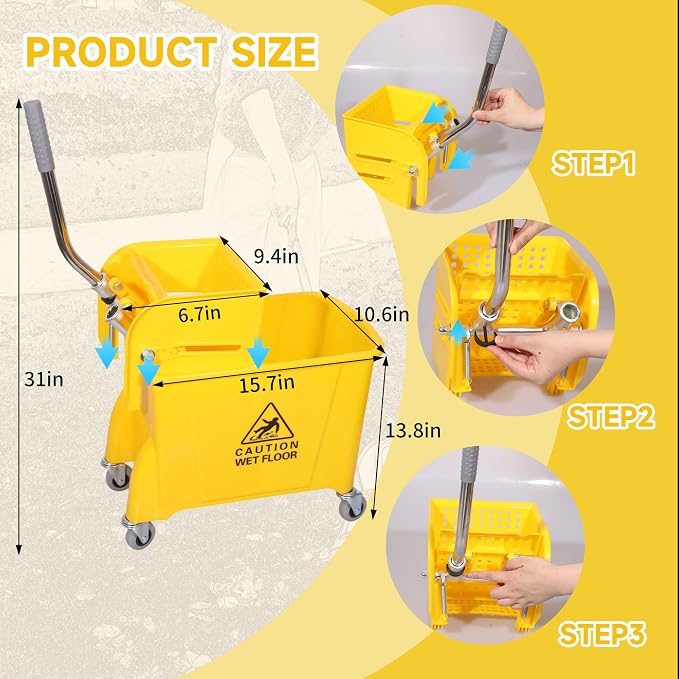 22-Qt (5.5 Gallon) Mop Bucket with Wringer on Wheels,Add One Cotton Mop | Household Mop and Bucket Set for Floor Cleaning ,Yellow ,15.7" L x 10.6" W x 31" H