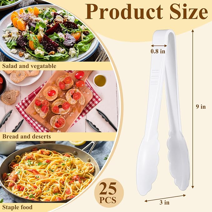 Tessco for you 25 Pcs Plastic Tongs for Serving Bulk, 9 Inch Plastic Disposable Serving Tongs, Heavy Duty Salad Tong for Kitchen, Buffet, BBQ, Events & Catering (White)