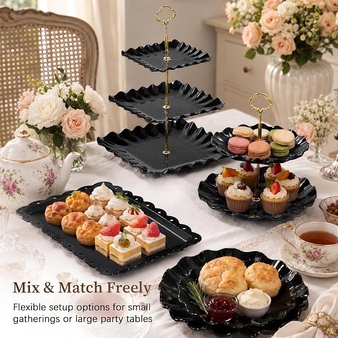 Black Gold Dessert Stand Set 13PCS, 6 Tiered Cupcake Display Towers with 4 Serving Trays and 3 Tongs, Round & Square Dessert Holders for Wedding Birthday Graduation Baby Shower Decor