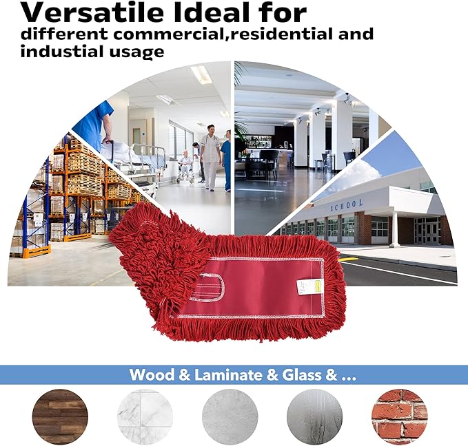 Matthew Cleaning 24'' Industrial Strength Cotton Dust Mop Refill Washable Replacement Heads for Residential & Commercial Use Fit Standard Dust Mop Frames, Hardwood,Concrete Floors Red 12 Pack