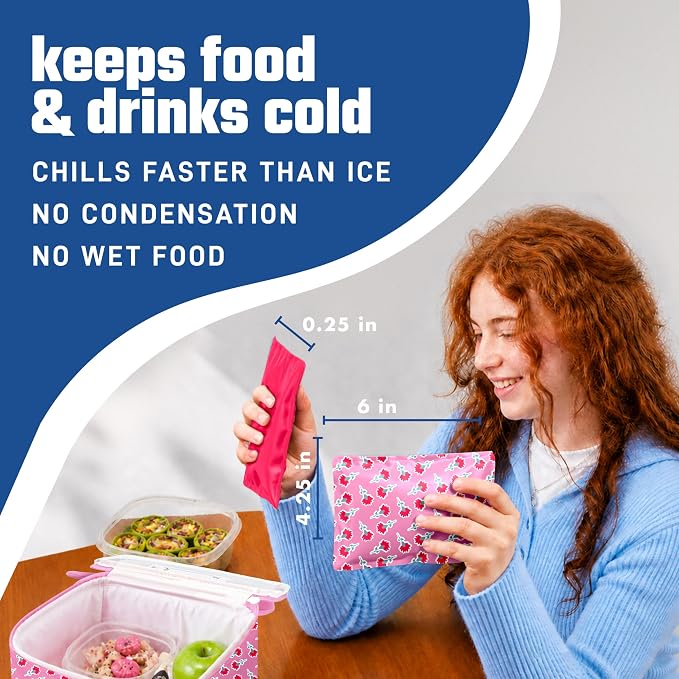 Fit & Fresh Cool Coolers Soft Ice for Lunch Bags 2pk, Flexible Stretch Nylon, Durable, Reusable Lunch Box Ice Packs, Soft Ice, Reusable Freezer Packs, Lunch Ice, Sweet Pink Block Print