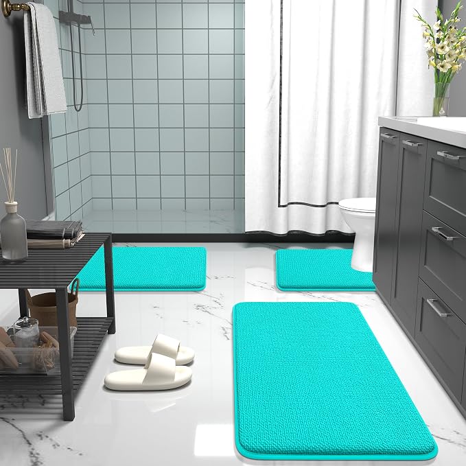 OLANLY Thick Memory Foam Small Bathroom Rug 24x16, Absorbent Bath Mat, Teal | Soft Quick Dry Bath Mat Rugs, Non-Slip, Machine Washable Mat for Bathroom Floor, Tub and Shower, Home Decor Accessories