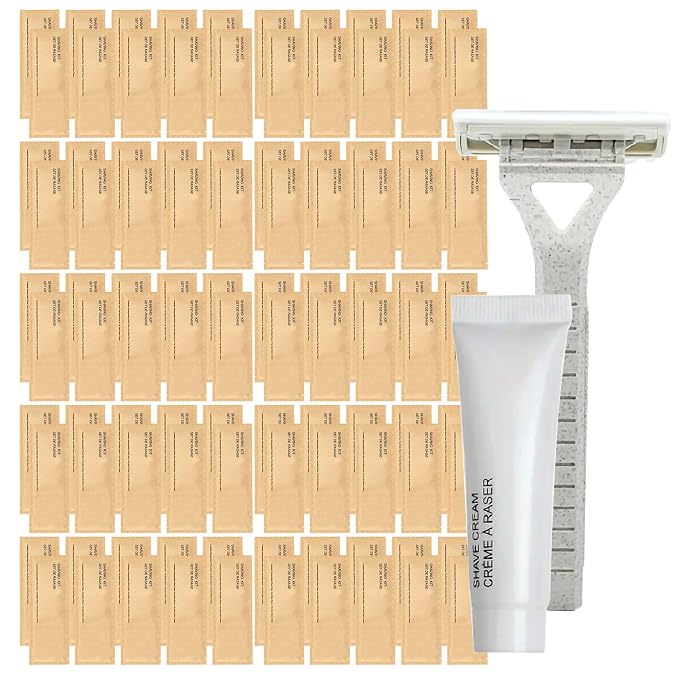 World Amenities Kraft Paper Shave Kit - Wheat Straw Dual Blade Safety Razor and Shave Cream Set (100 Pack)