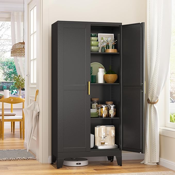 GAIOUS Metal Storage Cabinet With 2 Doors and 3 Adjustable Shelves, Black Kitchen Pantry for Food, Utility Cabinet for Laundry Room, Cupboard