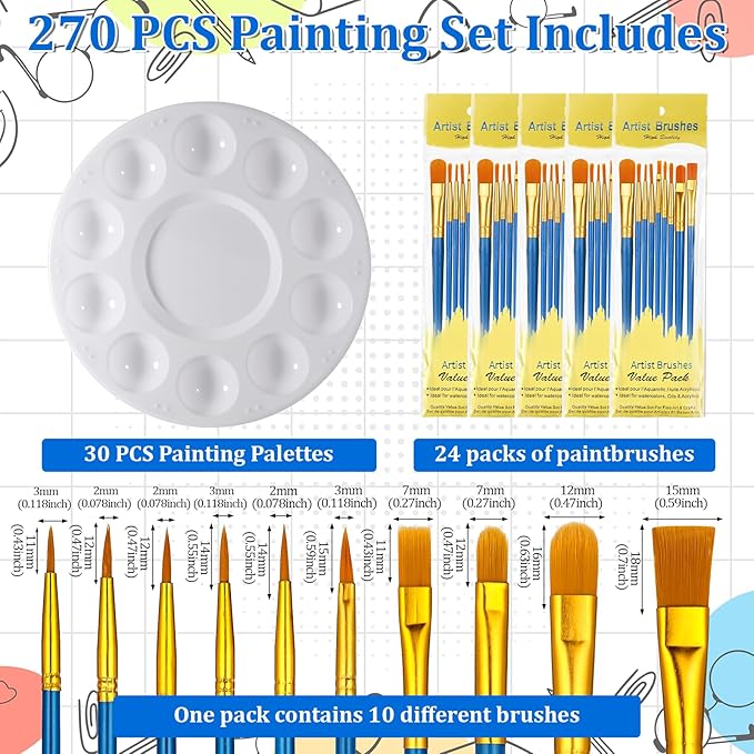 270 PCS Paint Brushes Set, 24 Pack of 240PCS Paint Brushes Bulk, 30 Paints Trays, Valued Paintes Brushe and Palettes Set, Acrylic Paints Brush Sets for Oil Watercolor Painting