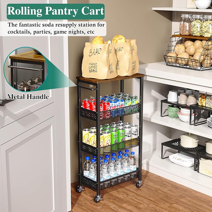 OKZEST Utility Slim Storage Cart, 4-Tier Narrow Bathroom Organizer and Storage Cart, Metal Narrow Kitchen Laundry Room Organization Rack with Wood Top, Slim Rolling Shelf with Wheels for Small Space