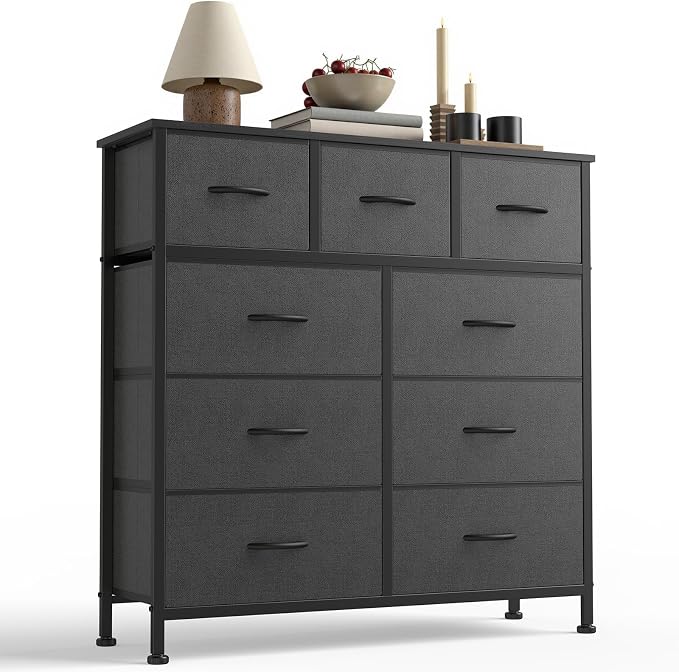 Sweetcrispy 9 Drawer Fabric Dresser Storage Tower Drawer Organizer, Grey | Sturdy steel frame with wood top,easy-pull handles,Space-saving organizer chest for bedroom, closet, Lightweight and stable
